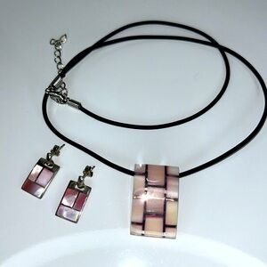 Vintage Geometric Pink Mother of Pearl Sterling Silver Necklace Earr Set Modern